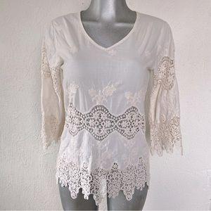 Miss Kelly Crochet Coastal Top Blouse Razor Floral Bohemian Cotton V Neck Small